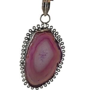 Raw Agate Pendant Necklace – Pink Crystal Slice in Sterling Silver + 20" Chain